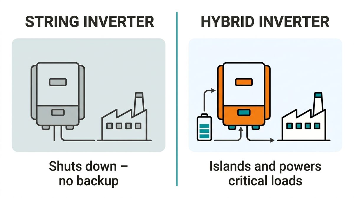 During a grid outage a string inverter shuts down while a hybrid inverter keeps critical loads running